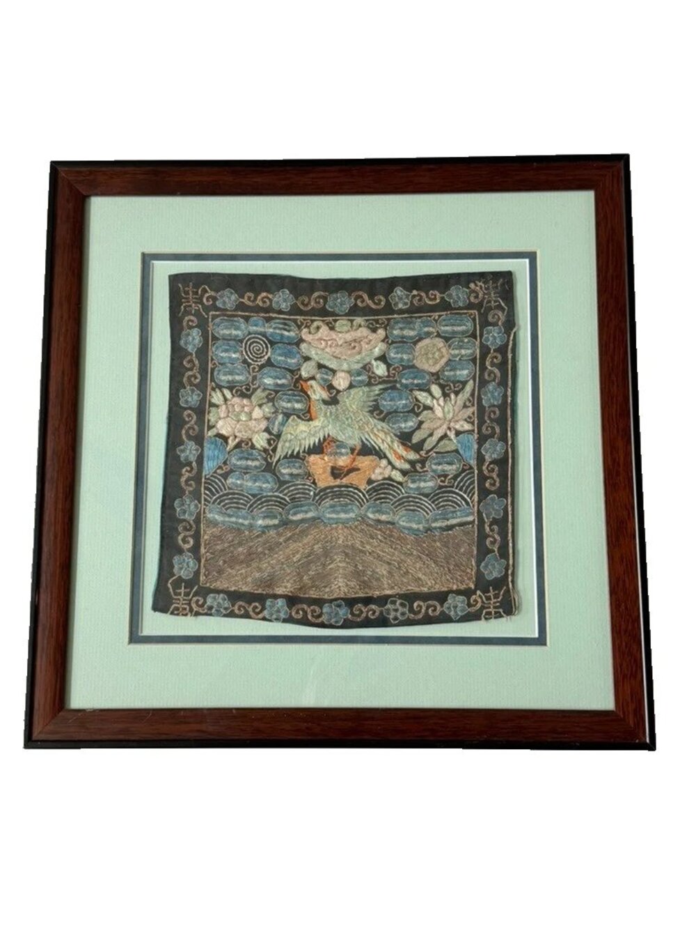 Chinese Embroidered Silk Rank Badge Buzi Framed Antique Vintage Wall Art Square
